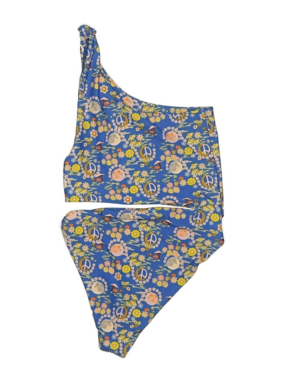 Skatie Medium Blue Floral Peace Sign One-Shoulder Swimsuit